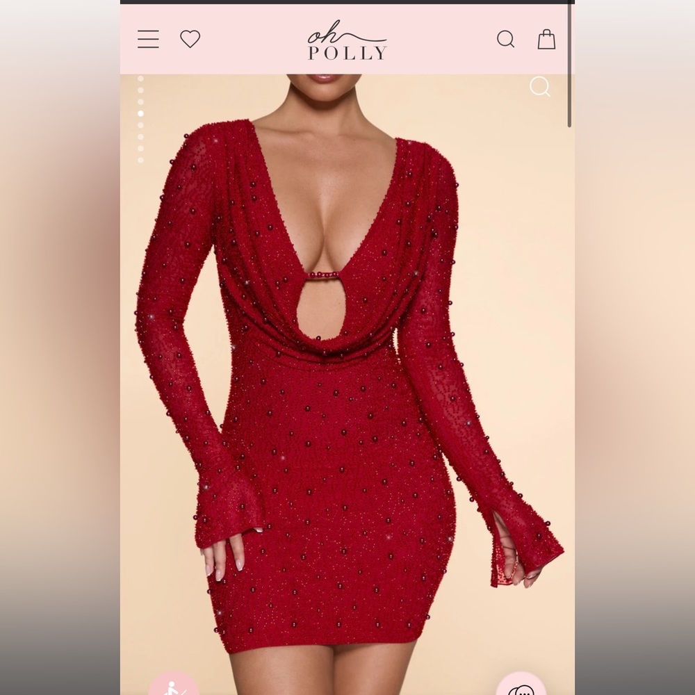 Oh Polly - Long Sleeve Deep Plunge Mini Dress in Red